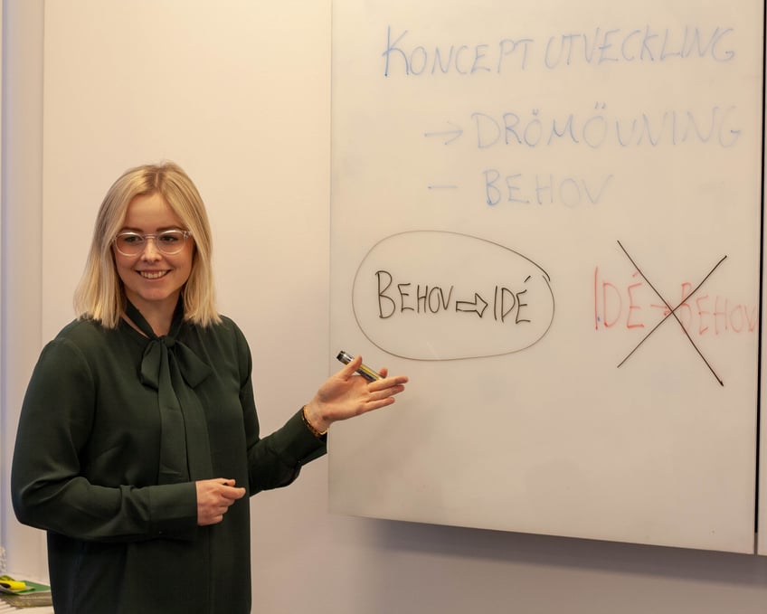 Kvinna står framöver en whiteboardtavla