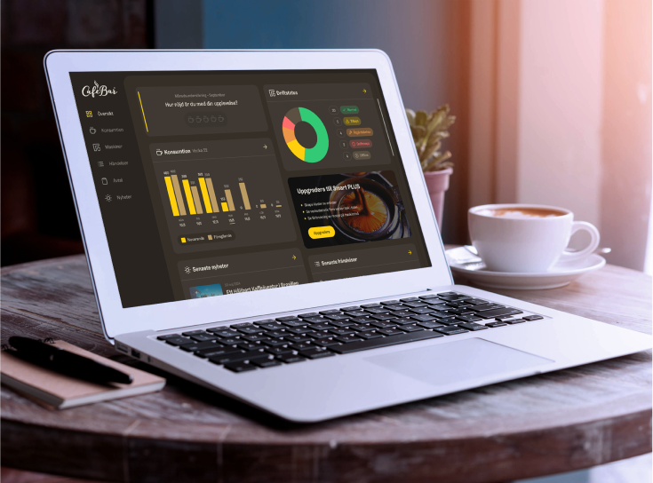 dator med cafe bars lösning coffee analytics på skärmen